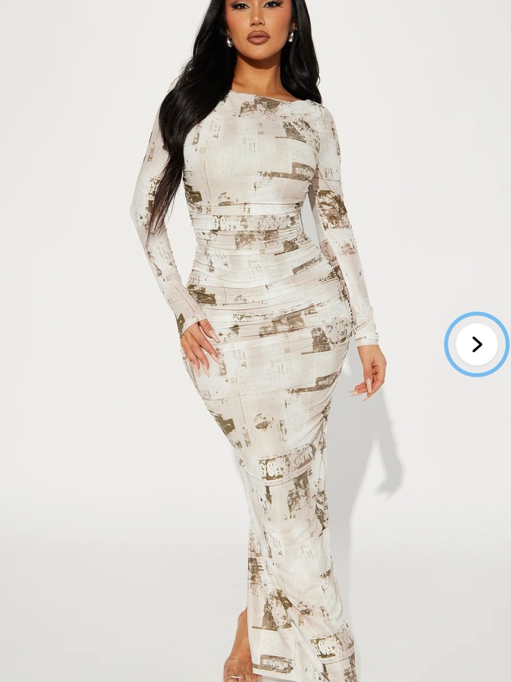 Fashion Nova Long Sleeve White & Taupe News Printed Maxi Dress